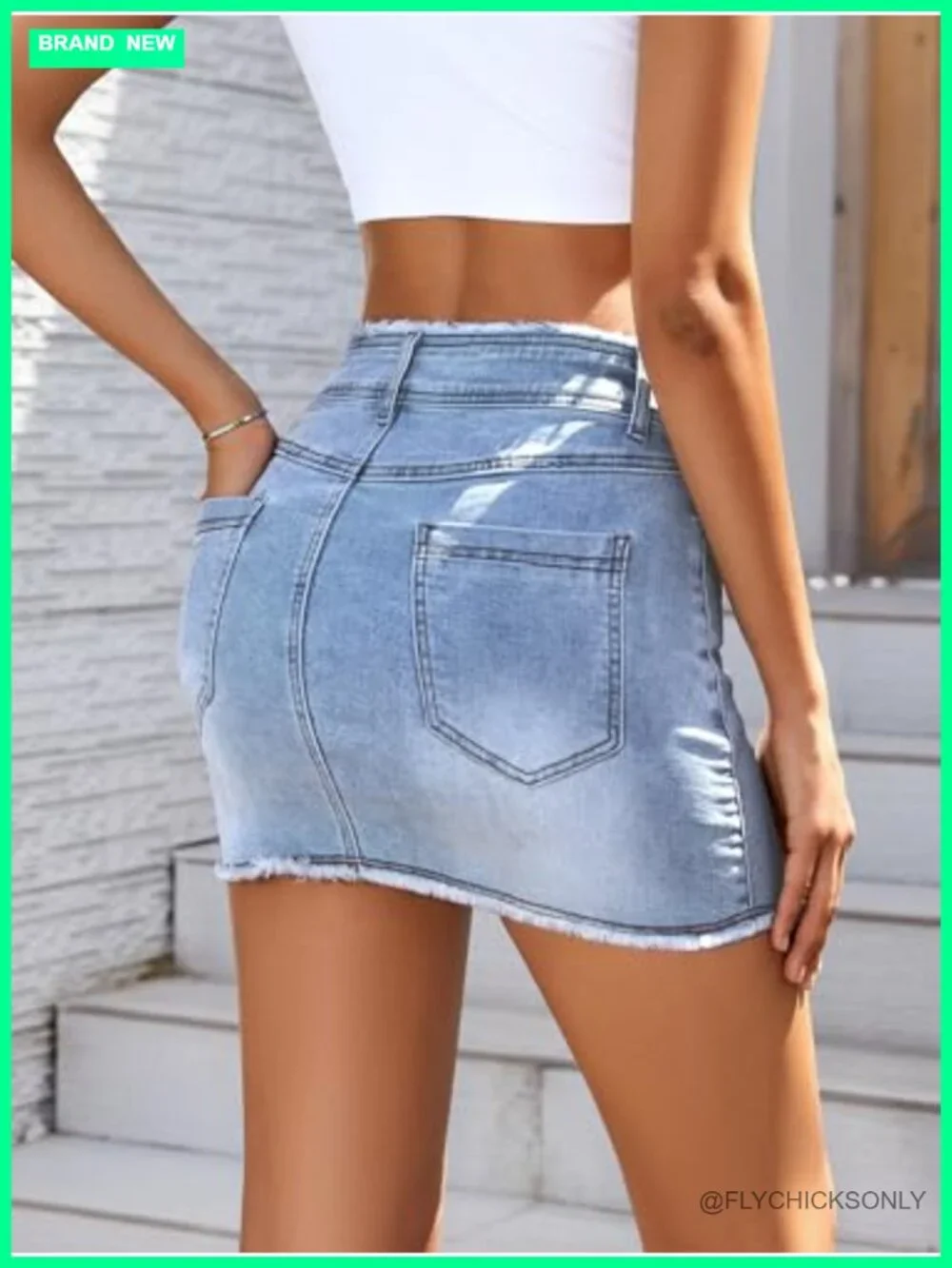 Raw Hem Jean Skirt Stretchy Denim Mini Skirt with Pockets Casual Outfit